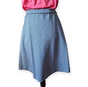 70s Polyester High Waist A Line Skirt, Blue Herringbone Medium